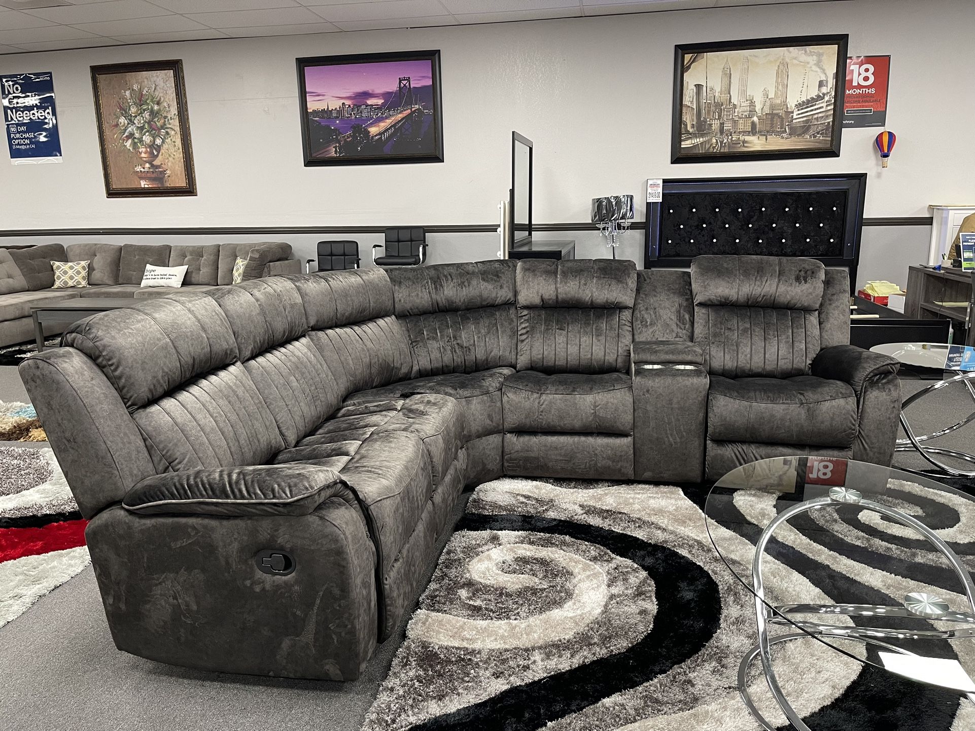 Gray Sofa Sectional W/ 3x Recliners