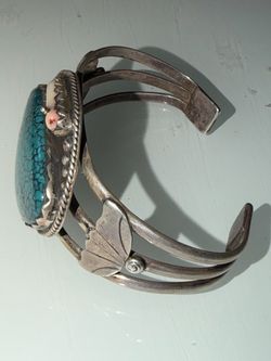 Vintage Old Pawn Navajo Sterling Silver Turquoise Coral Cuff - 62.7gr - unsigned