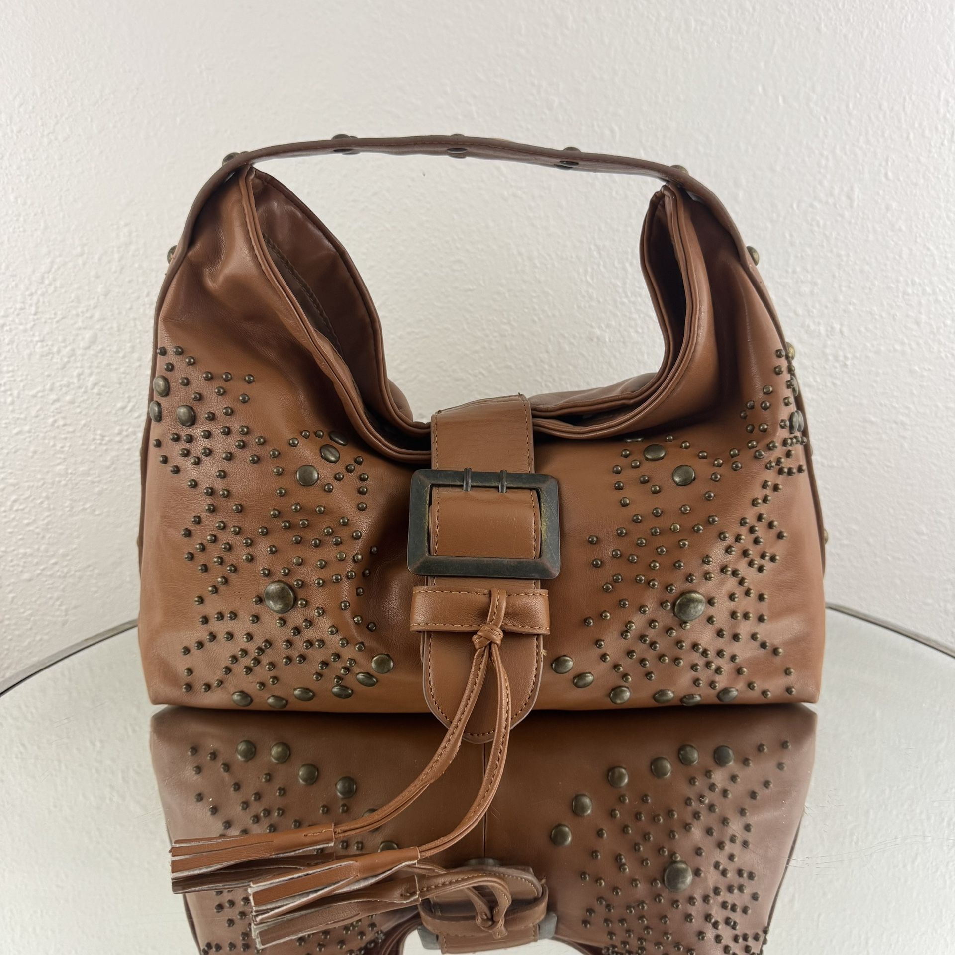 Western Boho Light Brown Faux Leather Studded Buckle Slouchy Shoulder Bag Purse
