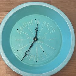 Vintage “Amrhein Bros Pies” Pie Tin Clock  (Upcycled/Repurposed Embossed Metal)