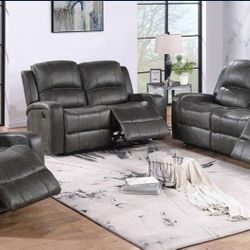 ✅️✅️2 pc smoke leather like fabric sofa and love seat set with recliners on the ends✅️ Recliner Chair Not Included✅️✅️