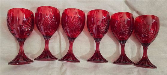 Mikasa 6, 8 Oz. Ruby Red Goblets 7" Tall Chr. Tree glasses full lead crystal