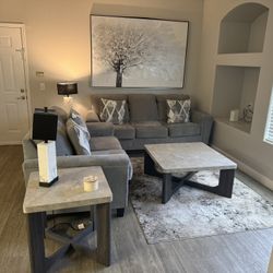 Modern Gray Living Room Set – Sofa + Coffee Table + Side Tables + Lamps + Painting 