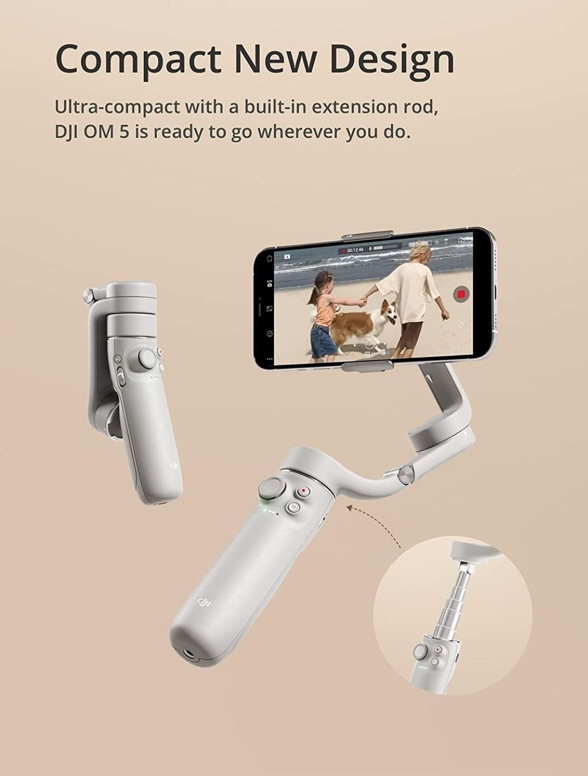 DJI OM 5 Smartphone Gimbal Stabilizer, 3-Axis Phone Gimbal, Built-In Extension Rod, Portable and Foldable, Android and iPhone Gimbal with ShotGuides, 
