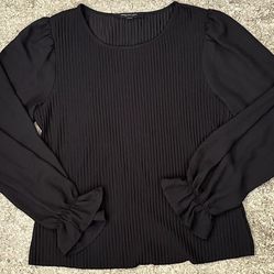 Marc New York Women’s L Black Crew Neck Ribbed Elastic Cuffs Long Sleeve Shirt 