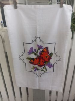White Linen Towel with Butterfly Cross-Stitch