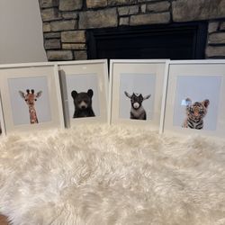 Baby Animal Prints In Wood Frames. EACH FRAME HAS A SMALL SCRATCH ON IT AS SHOWN IN PICTURES. Measurements in pictures. Pick up in Lynnwood   $28 for 
