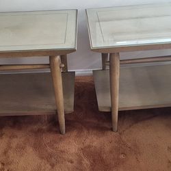 Pair of Mid Century End Tables   wood with glass top