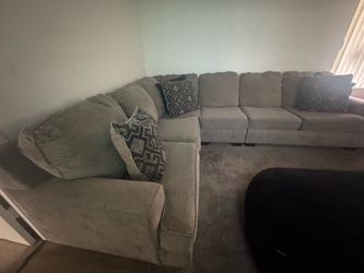 Used Ashley Furniture Gray Fabric Sectional Sofa Wood Frame w/ Accent Pillows