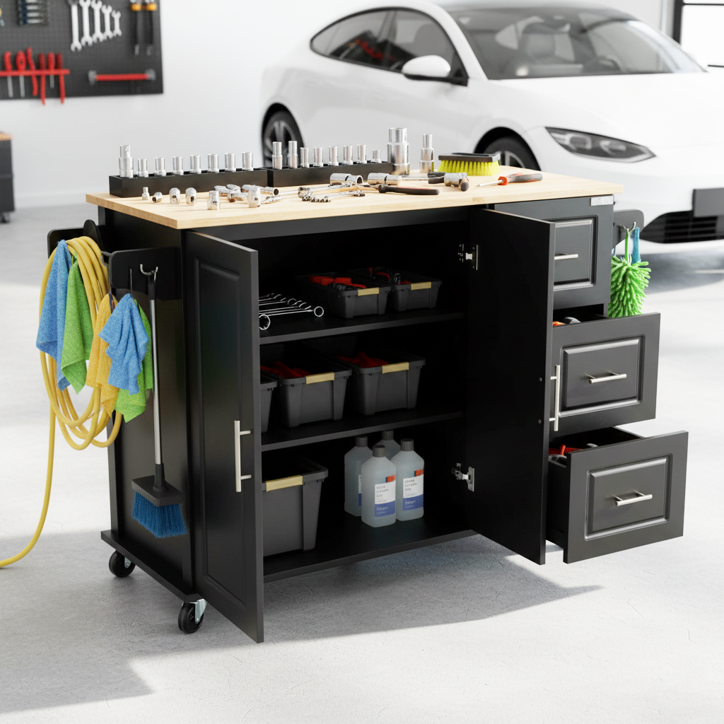 Kitchen Island & Kitchen Cart, Mobile Kitehcn Island with Extensible Rubber Wood Table Top,adjustable Shelf Inside Cabinet for Different Utensils, 3 B