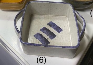 (1) Beautiful vintage handmade pottery ceramic square stoneware baking dish features blue painted accents and handles, lStoneware https://offerup.com/