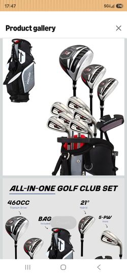 460cc titanium driver, 14-piece complete bag, fairway wood & hybrid, irons through wedge, putter, stand bag, left/right