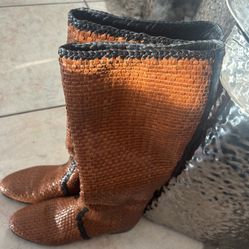 Prada knee high boots tweed shoes crochet heels fold over woven riding boots 