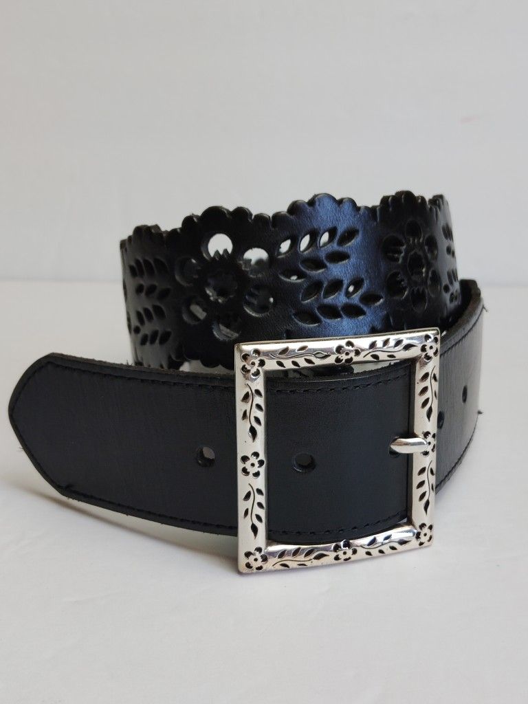 Brighton Women's Black Leather Belt Cut Out Flowers Square Silver Buckle ~ Size 32