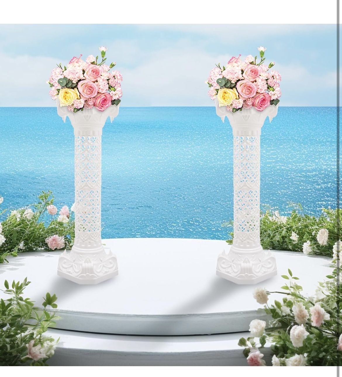 Roman Columns Plastic Wedding Pillars Elegant Greek Column Statue Flower Pot Stand Pedestal Wedding Event Party Decorative, 10.63x34.65 Inch (2 Pcs)
