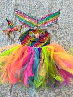 Rainbow Unicorn Costume with Wings & Headband Halloween 4-6 years