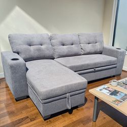 Light Grey Pullout Bed Storage Sectional 