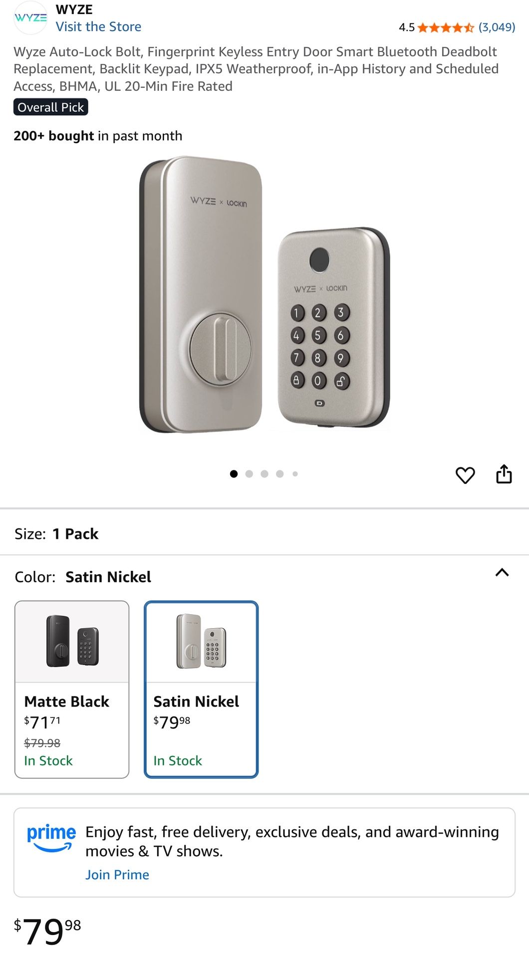 Wyze Auto-Lock Bolt, Fingerprint Keyless Entry Door Smart Bluetooth Deadbolt Replacement, Backlit Keypad, IPX5 Weatherproof, in-App History and Schedu