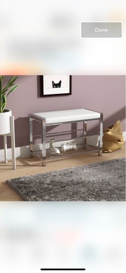 Modern Entryway Shoe Bench with Storage – Chrome & White