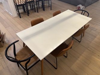 Dining Table + 6 Chairs – Solid Wood / Leather / Wishbone
