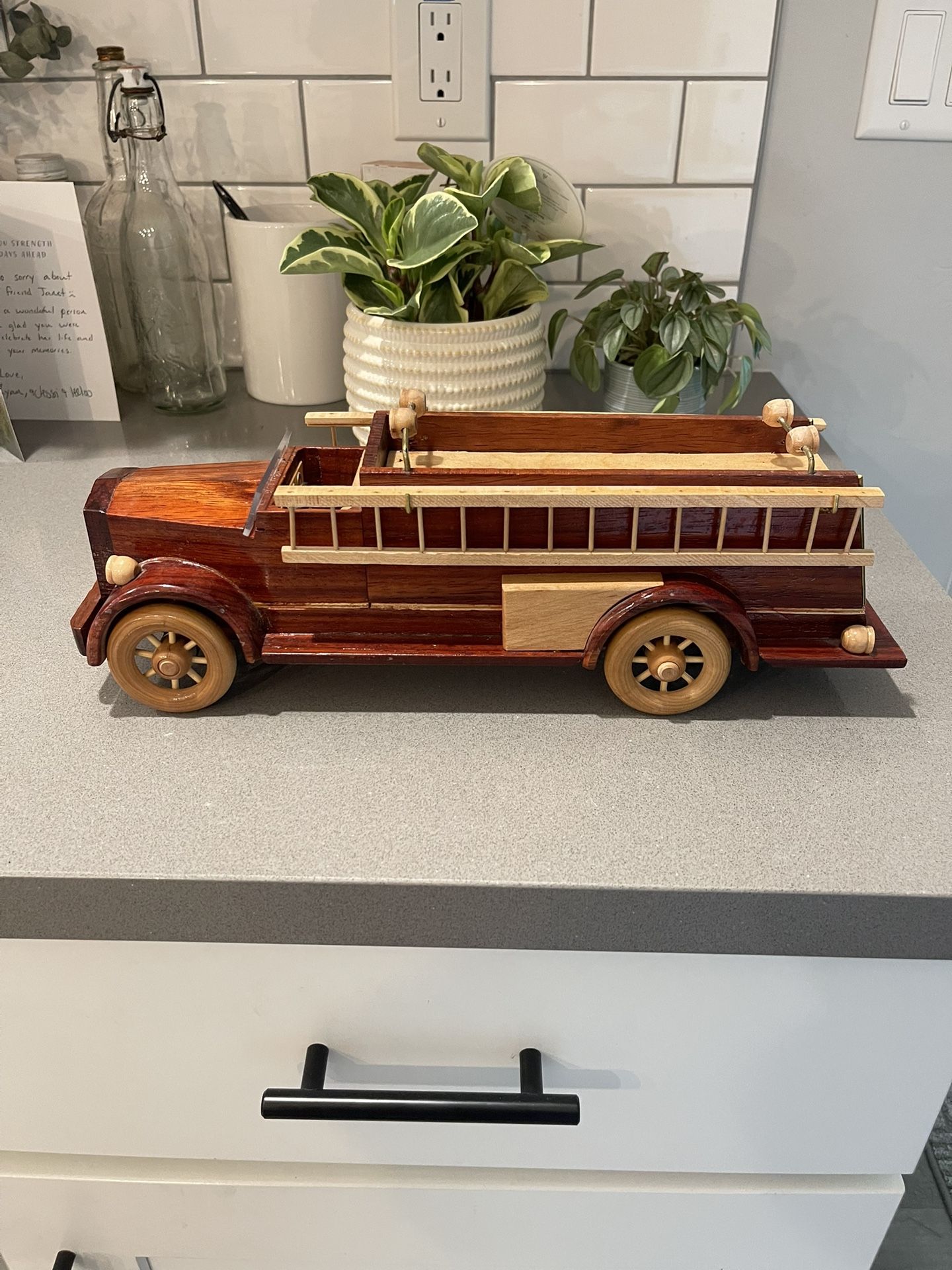 Wooden Fire Truck  - Hand Crafted  By Doug Irish - Wheels Turn Also - Not A Toy -for Display In Excellent Condition 