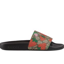 Gucci strawberry print black and pink slides