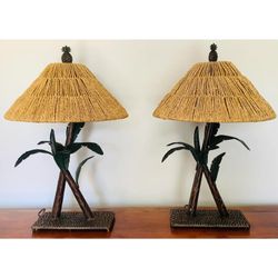 Pair Of Bronze Banana Leaf Lamps With Original Shades. Palm Beach Style Hemp Lamp Shades Pick Up Only