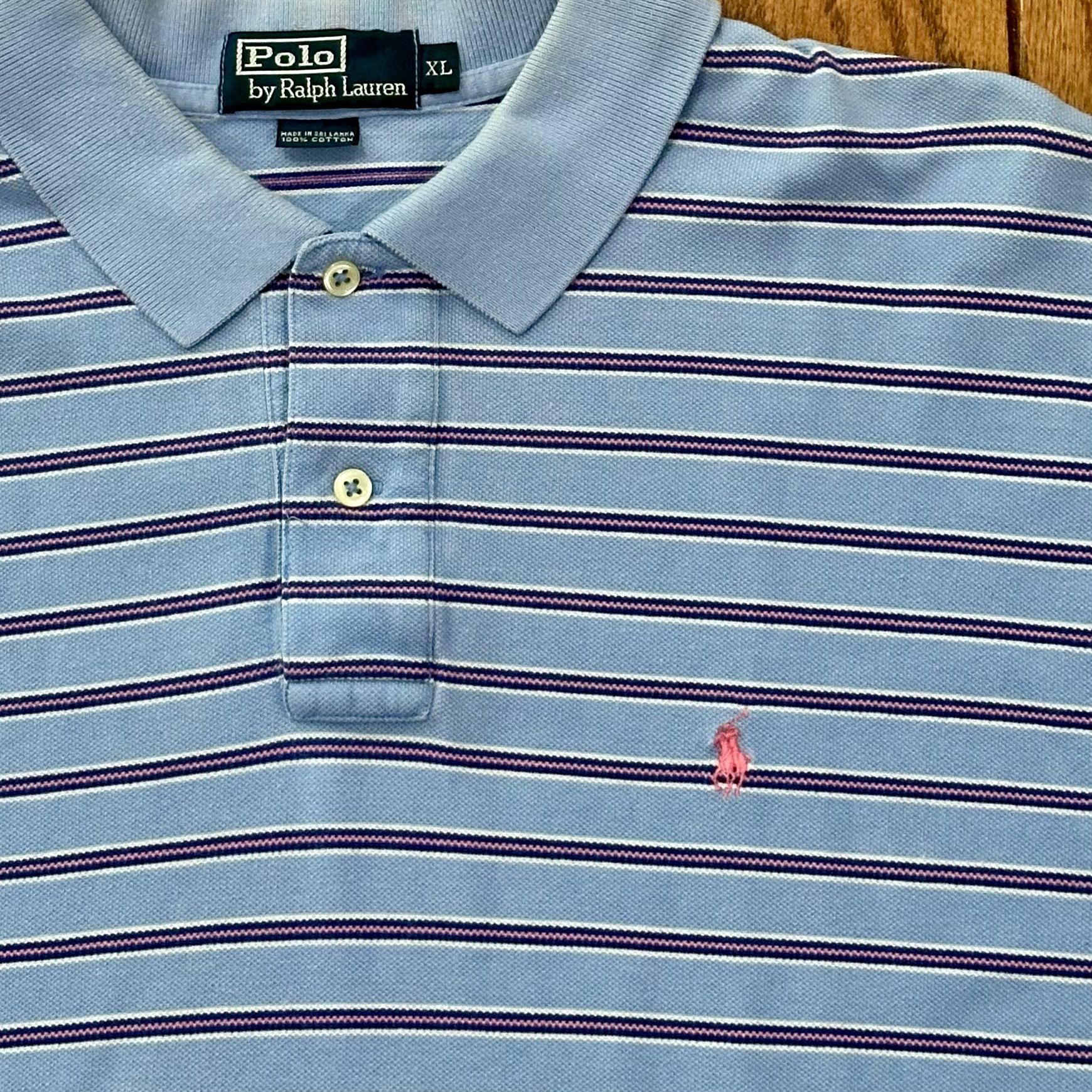 Men’s XLARGE Ralph Lauren POLO Short Sleeve Collard Collar Button Dress Work Shirt XL XLRG - Striped BLUE