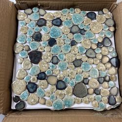 Blujellyfish 5 sheet Pebble Porcelain Tile Fambe Turquoise Green Beige Shower Floor 