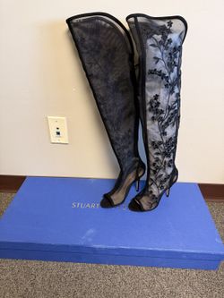 Stuart Weitzman Venette 100 Black Floral Embroidered Mesh Thigh High Boots Size 6