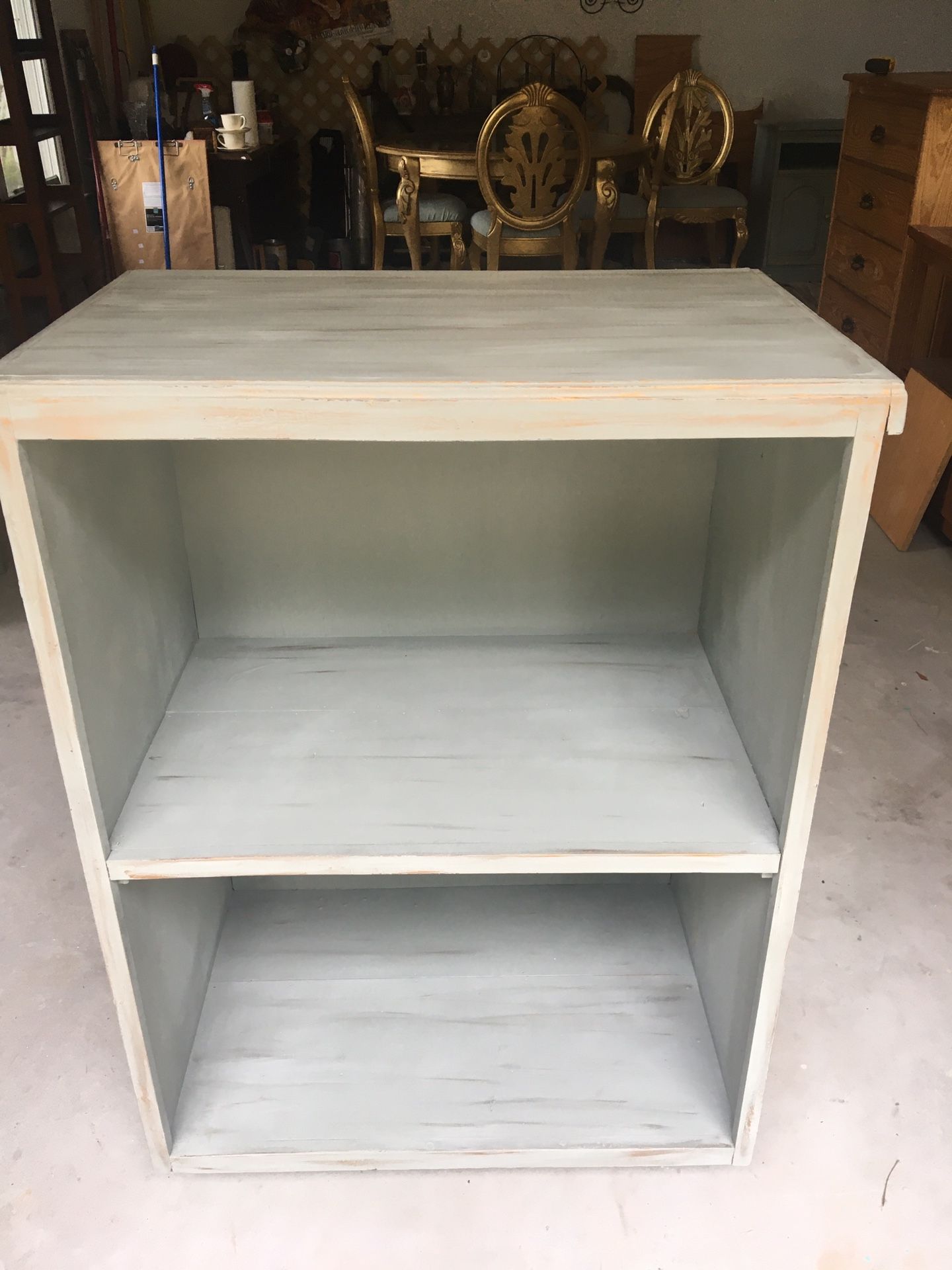 2 Shelf Solid Wood Bookcase With Bead Board On The Sides. Custom Color Paint SeaSalt Gray.
