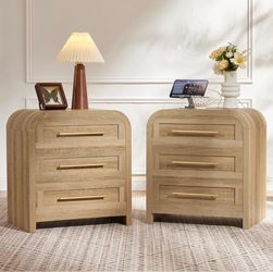 Oak Night Stand Set 2 with Charger, Curved 3 Drawers Nightstand