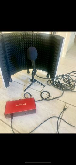 Voice Over Set Up, ShureSM58 Microphone, Focusrite Scarlett 2i2 Interface, Sound Shield, Microphone Stand