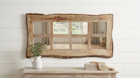 Rustic Edge Wood Window Pane Mirror — Handcrafted Farmhouse Wall Décor