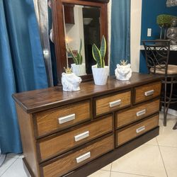 Solid Wood Dresser 63” Long 18” Wide And 30 1/2” High With Mirror In Good Condition 