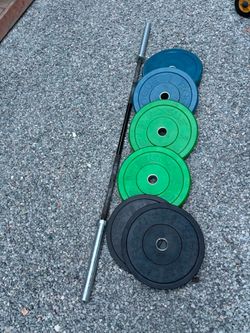 Rogue bumper Weights and Barbell