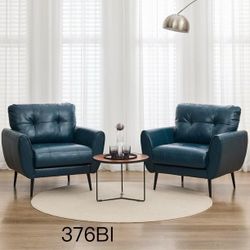 Leather Arm Chair Set of 2, Wood Leather Armchairs Accent Chair, Blue
