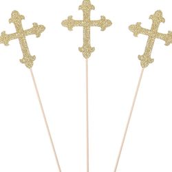 Gold Glitter Cross Center Piece Sticks 