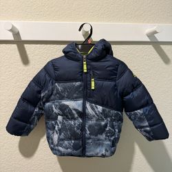 Kids Winter Puffer Jacket Navy Blue Mountain Pattern Neon Yellow - Size 4T