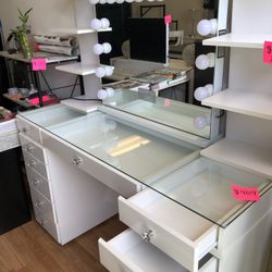 Brand New Vanity 13 Drawers White Color Solid Wood! Glass Top Hollywood Mirror Ligh Builbs Included! Bluetooth 4 Music 2 shelf’s separately 28x12x8.