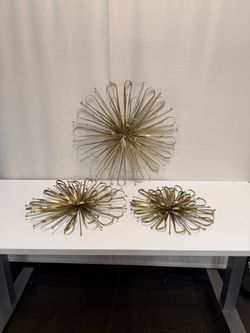 Set of Three Metal Starburst Home Wall Decor Wall Sculpture with Orb Detailing, Wall Art 16", 20", 24"D, Gold