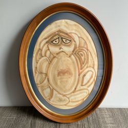 Unique Vintage Oval Framed Sad Face Art Watercolor Painting