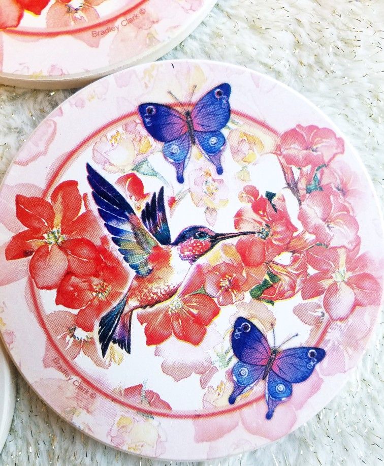 NIB Thirstystone Bradley Clark Artist Hummingbird Butterfly Sandstone Coasters
