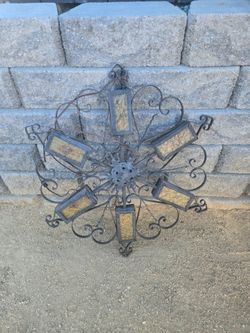 Cool gothic Wrought Iron Scrollwork Chandelier with Stained Glass