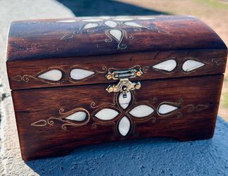 Small antique Solid wood jewelry box with mother of pearl inlay