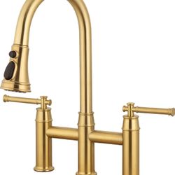 Brushed Gold Bridge Kitchen Faucet with Pull Down Sprayer, Lava Odoro Transitional Brass Kitchen Sink Faucet 3 Hole 2 Handle Spot-Resistant, Lead-Free