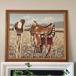 Huge Wall Art Painting Medieval-style Western Cowboy Saddle 42" x 50"
