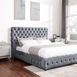 King Size Bed Frame Mattress Included   ✅   Gray Upholstery Bed Frame   ✅  New Bed Frame In A Box.   ✅   Cama King Size  Colchon Incluido  Color Gris