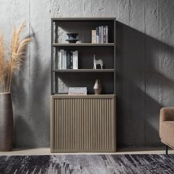 SICOTAS Book Shelf Fluted Bookshelf 71" Tall Bookcase with Doors Storage 5 Tier Mid Century Modern Bookshelves Large Shelves Metal Book Cases for Livi