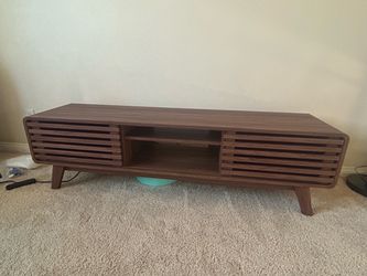 Mid-Century Modern Walnut TV Stand — Sliding Slat Doors, 58”L